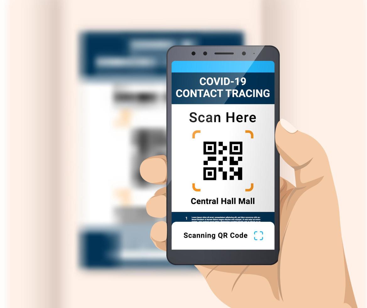 escaneo de rastreo de contactos covid-19 para ingresar a la ilustración de ubicación. mano sujetando el teléfono inteligente y escaneando el certificado de vacunación del código qr o la tarjeta de pasaporte como prueba de que ha sido vacunado vector
