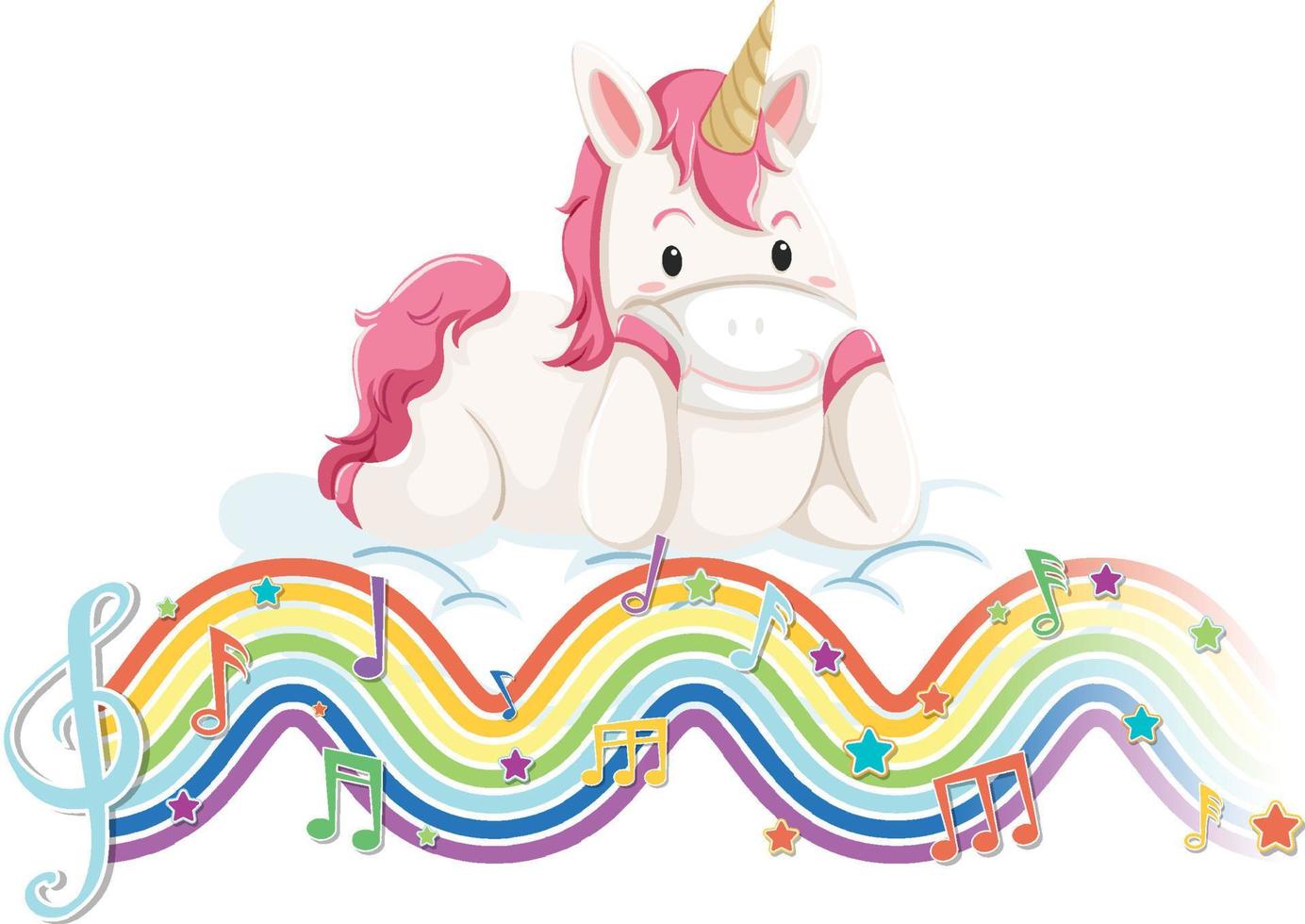 unicornio acostado en la nube con símbolos de melodía en la onda del arco iris vector