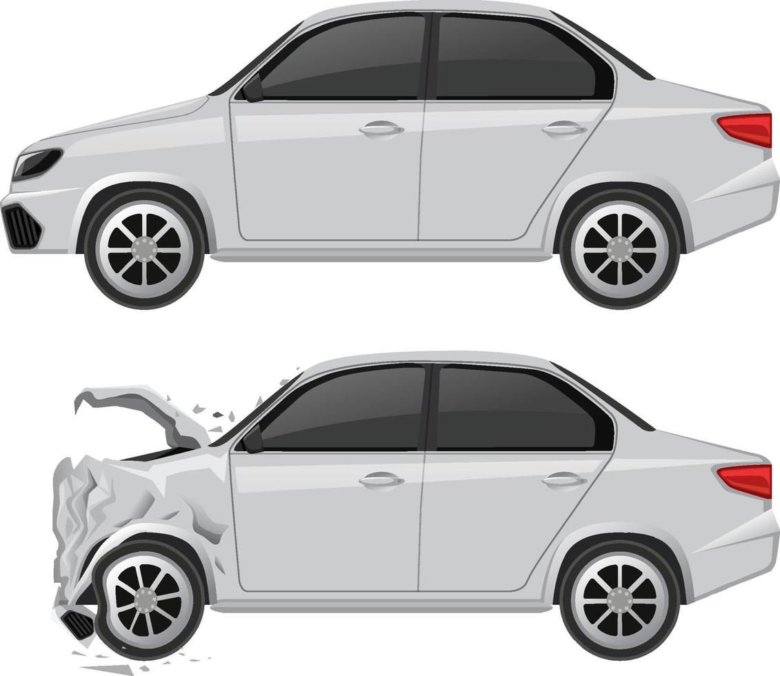 White sedan car and wrecked car on white background vector