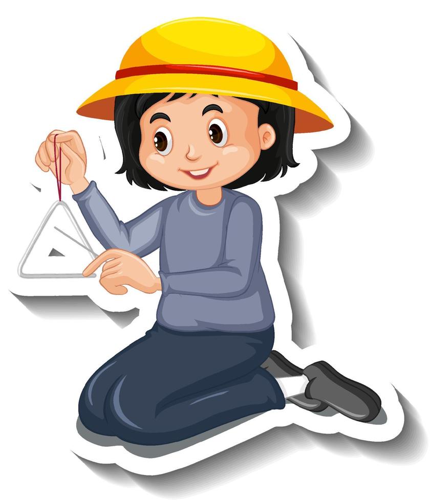 Cartoon sticker with girl playing triangle vector