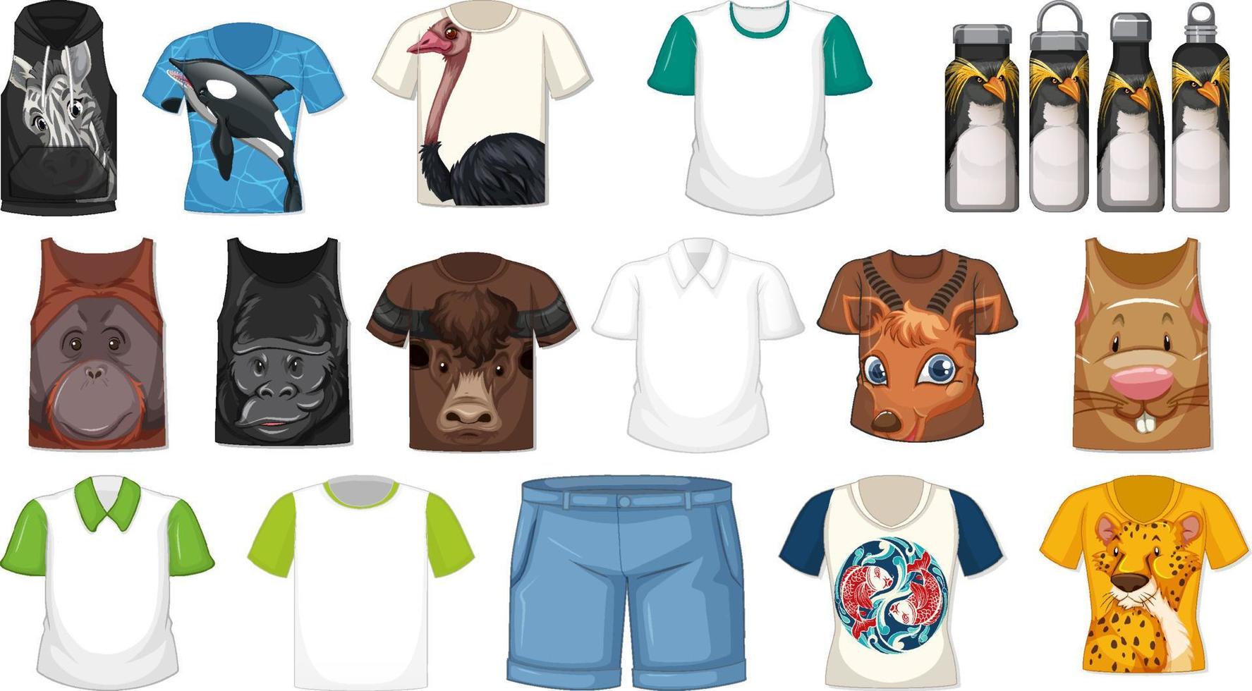 conjunto de diferentes camisetas y accesorios con estampados de animales. vector