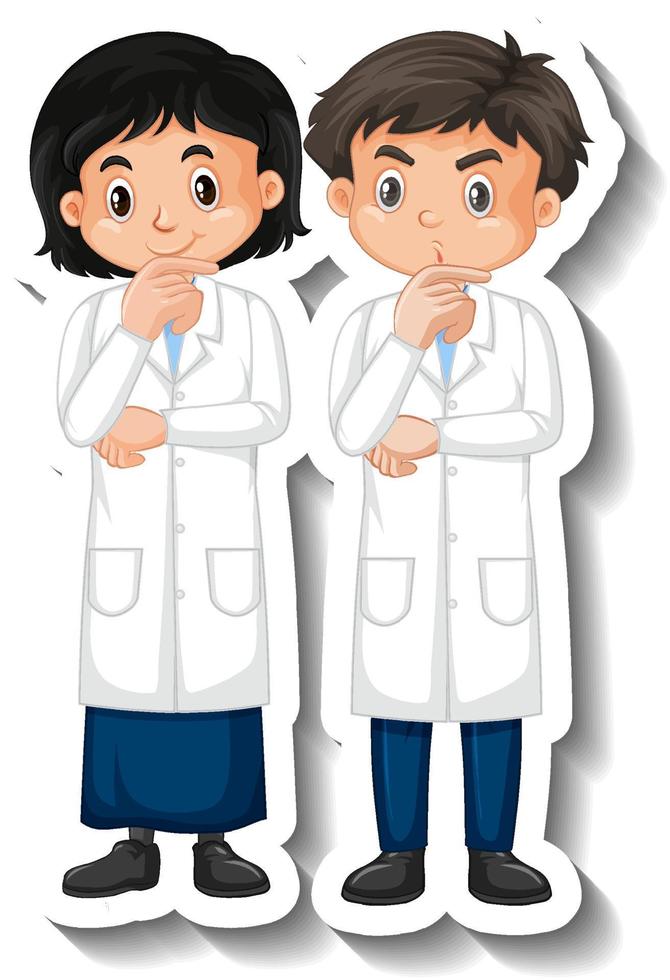 Scientist couple kids cartoon character sticker vector