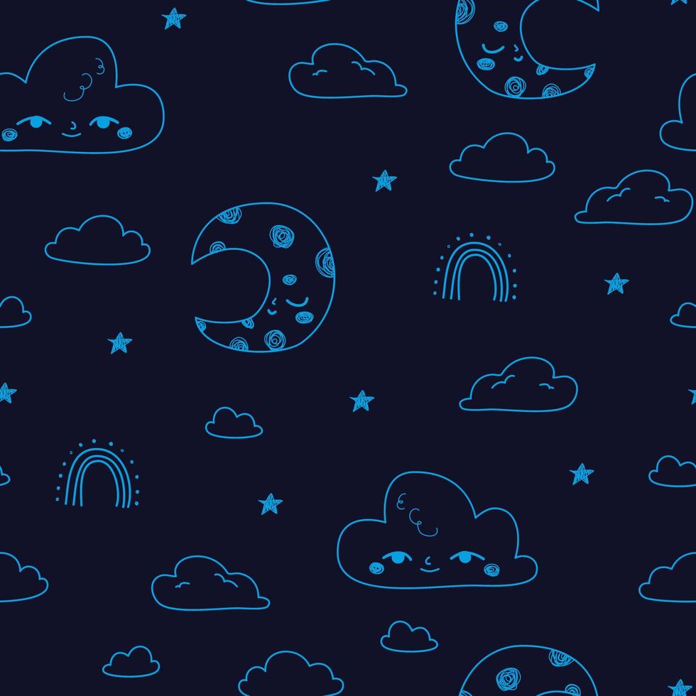 Cute pattern with rainbows stars moon clouds in space. Blue paper for scrapbooking doodle cosmos. vector