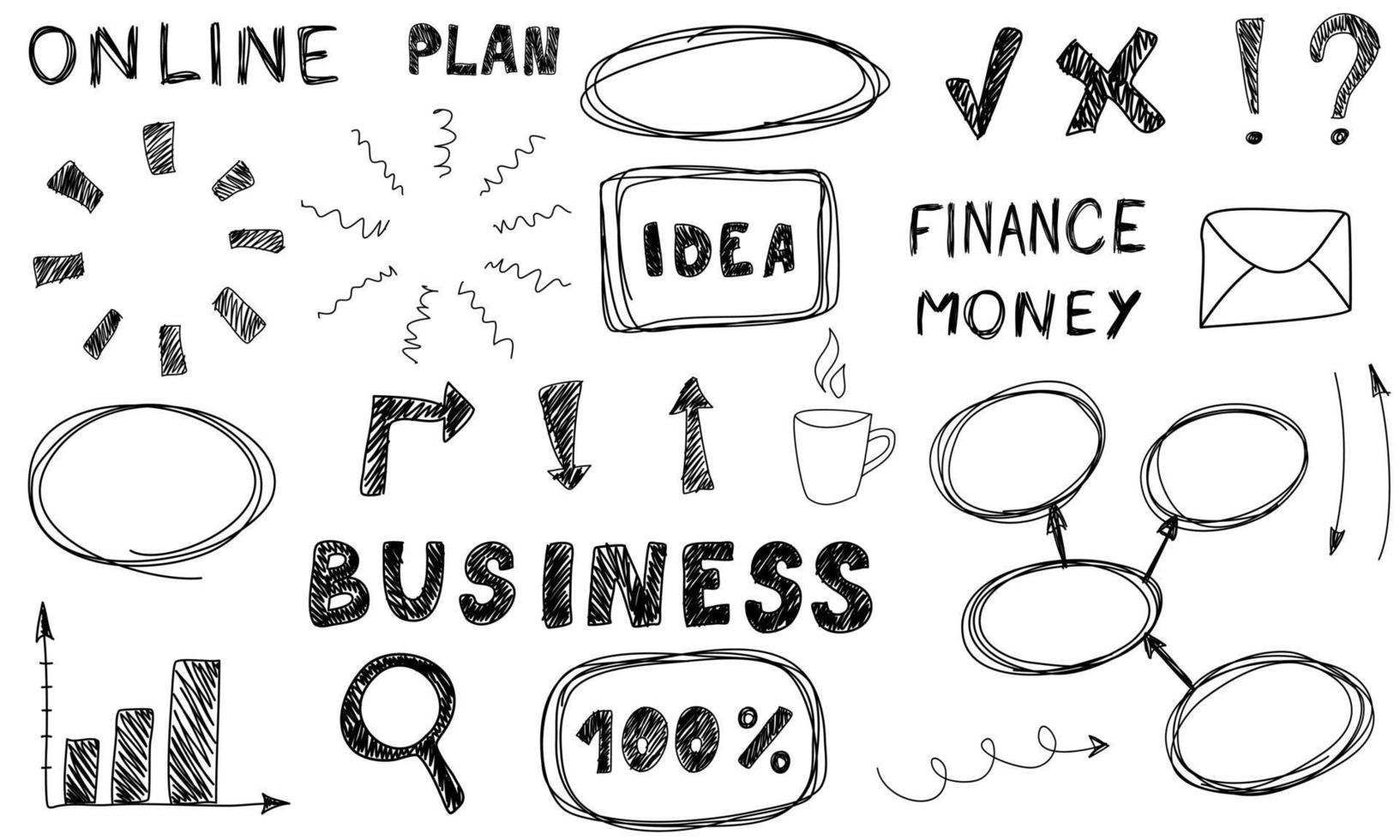 Doodle idea marcos línea flechas corazón bombilla finanzas dinero texto. lupa de bosquejo de negocios conjunto linda colección aislada para oficina. vector