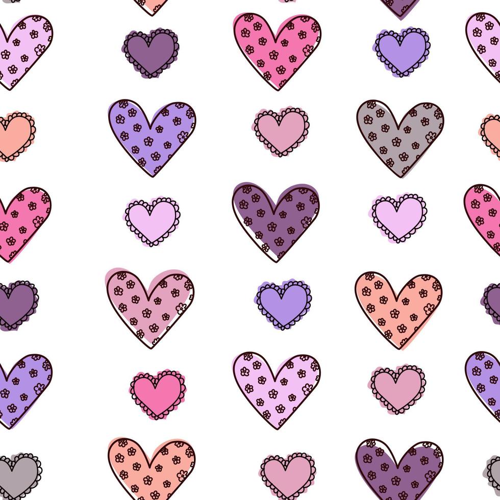 Hand drawn cute doodle black hearts with flowers white seamless love pattern. For Valentine Day, weddings. vector