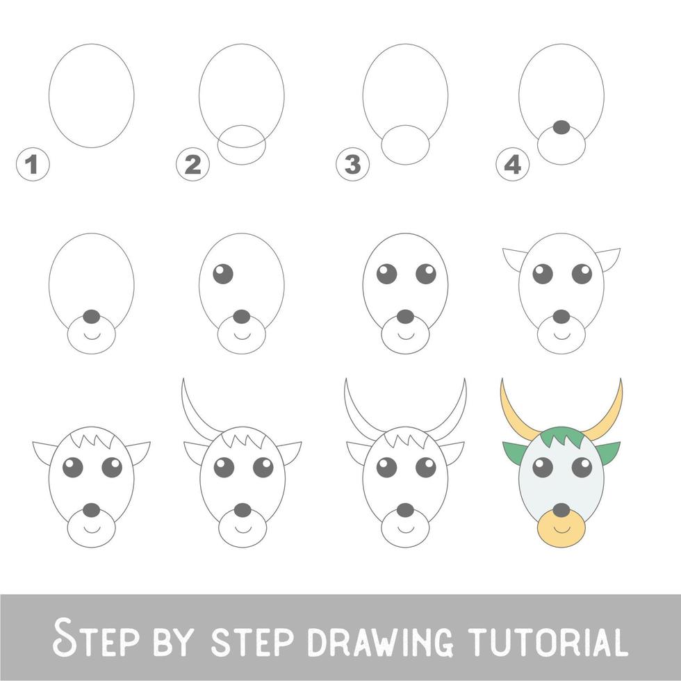 juego para niños para desarrollar habilidades de dibujo con un nivel de juego fácil para niños en edad preescolar, tutorial educativo de dibujo para cara de vaca vector