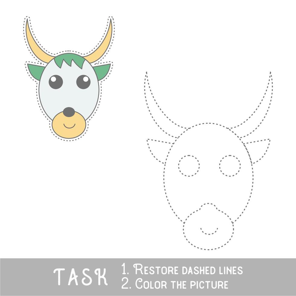 Drawing worksheet for preschool kids with easy gaming level of difficulty, simple educational game for kids one line tracing of Cow Face vector