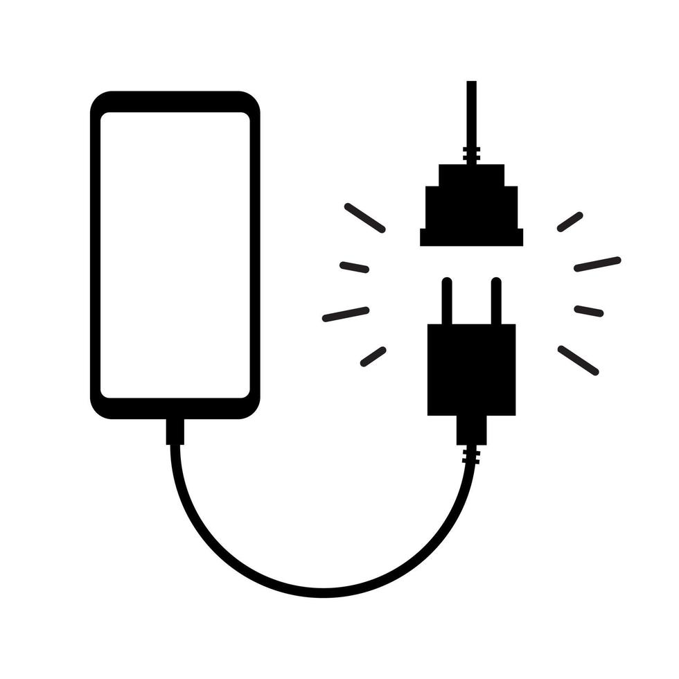 icono de carga del teléfono con un enchufe. Ilustración de vector de conexión y desconexión. Alambre, cable de carga para smartphone aislado sobre fondo blanco.