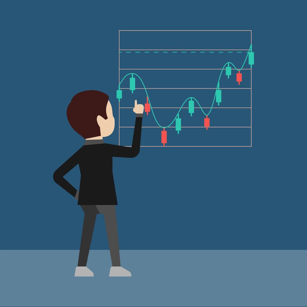 Investor watching stock movements Illustration. Successful entrepeneur presenting growth diagram. A man calculating profit and loss. Trading, trader vector