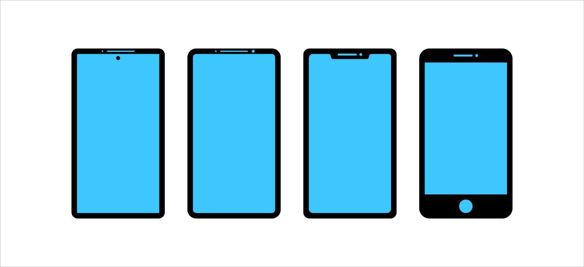 icono de teléfono inteligente en cuatro modelos con pantalla azul en blanco. símbolo simple y moderno para tecnologías de teléfonos de mano vector