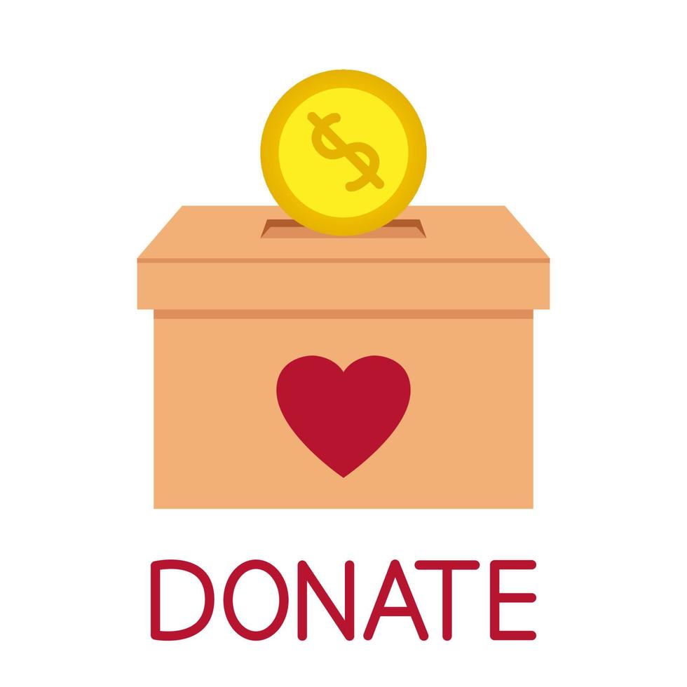 Donation box. Throwing coin in a box for donations. Donate, giving money and love. Concept of charity. Give and share your love with people vector