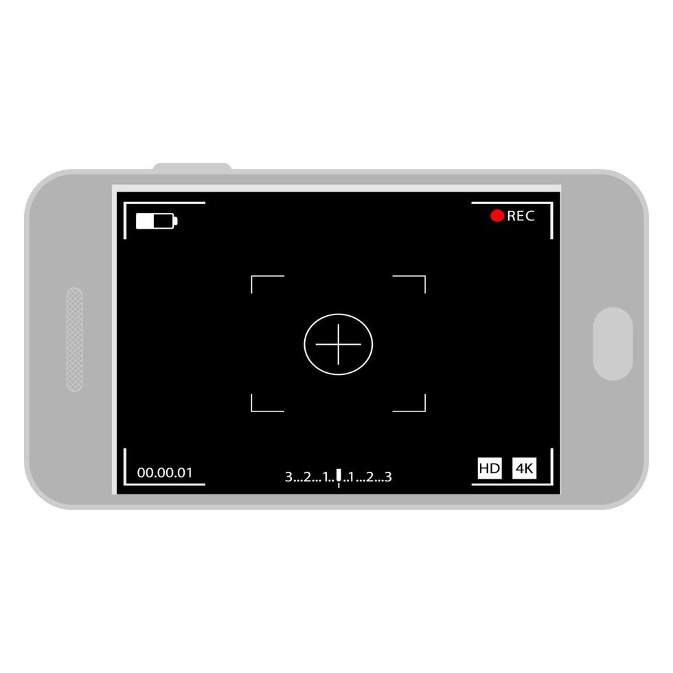 Camera interface in phone screen. Photo, video ui in cellphone. App for record from mobile cam. Viewfinder, grid, focus, button and rec vector