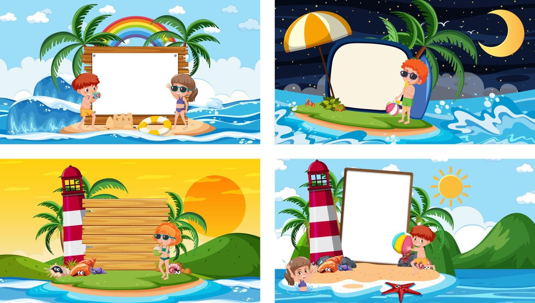 conjunto de diferentes escenas de playa tropical con banner en blanco vector