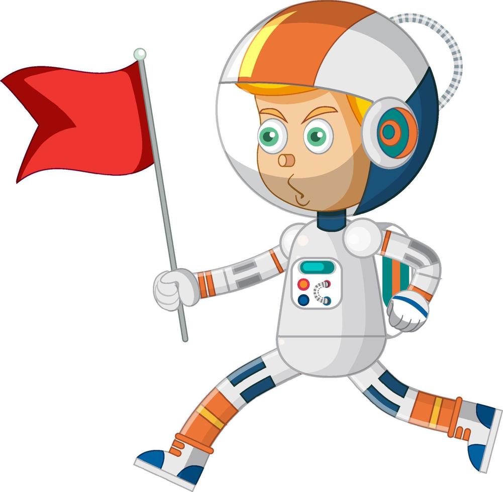 niño astronauta sosteniendo la bandera roja sobre fondo blanco vector