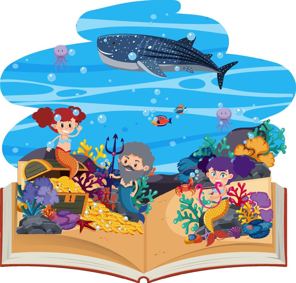 libro abierto con lindas sirenas en el agua vector