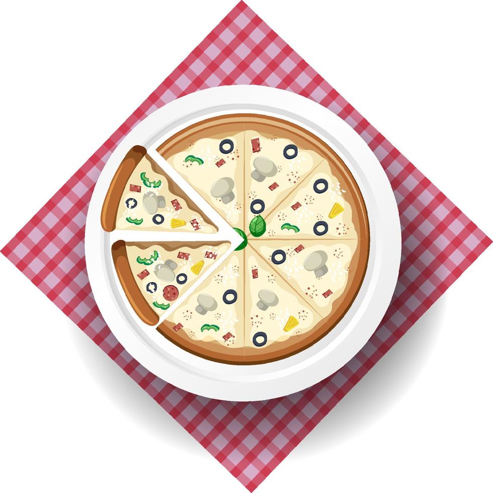 Top view of cheese pizza on tablecloth vector
