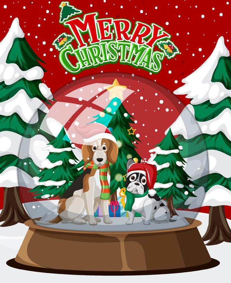 Merry Christmas poster with dogs in glass dome winter vector