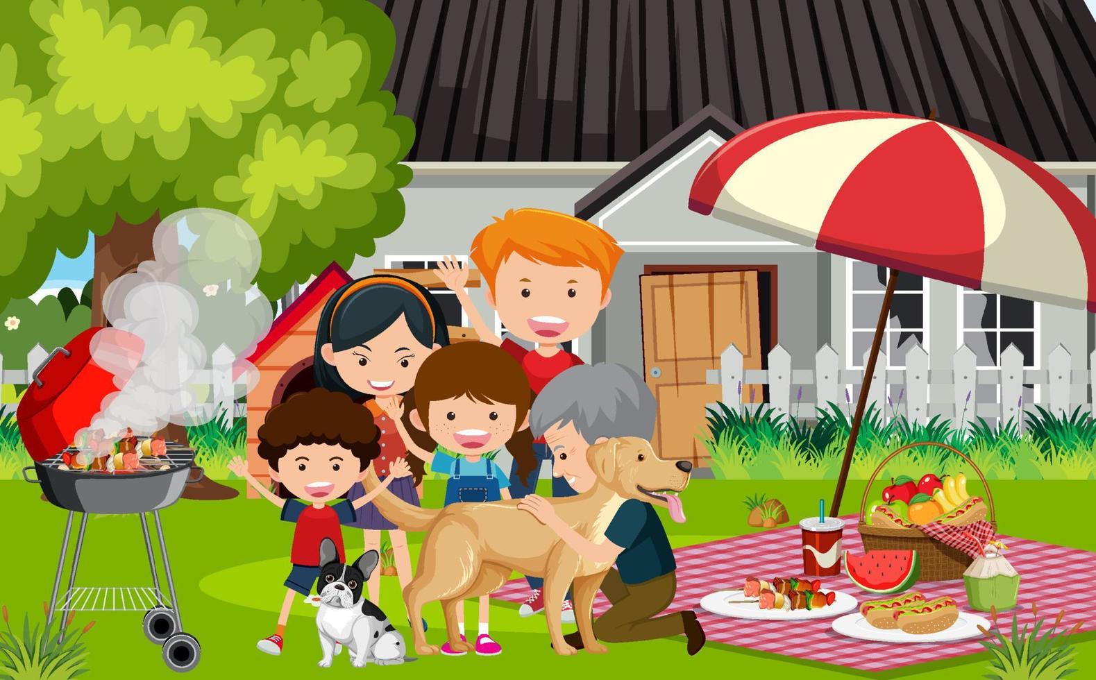 Happy family picnic at the yard vector