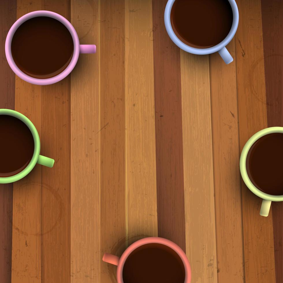 Colorful cups of coffee on wooden table vector