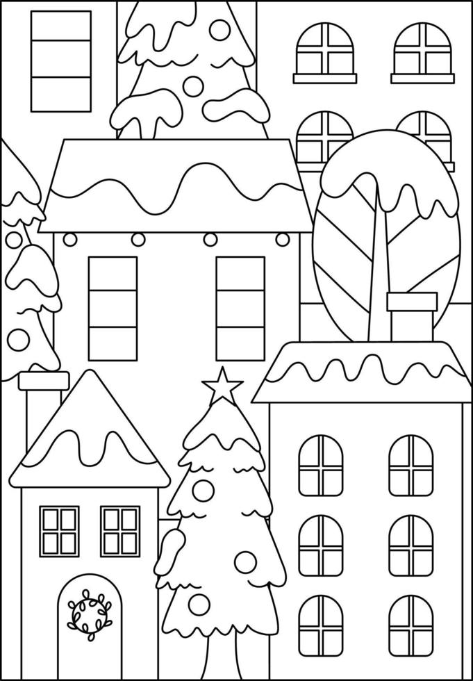 christmas houses in winter coloring page for kids vector