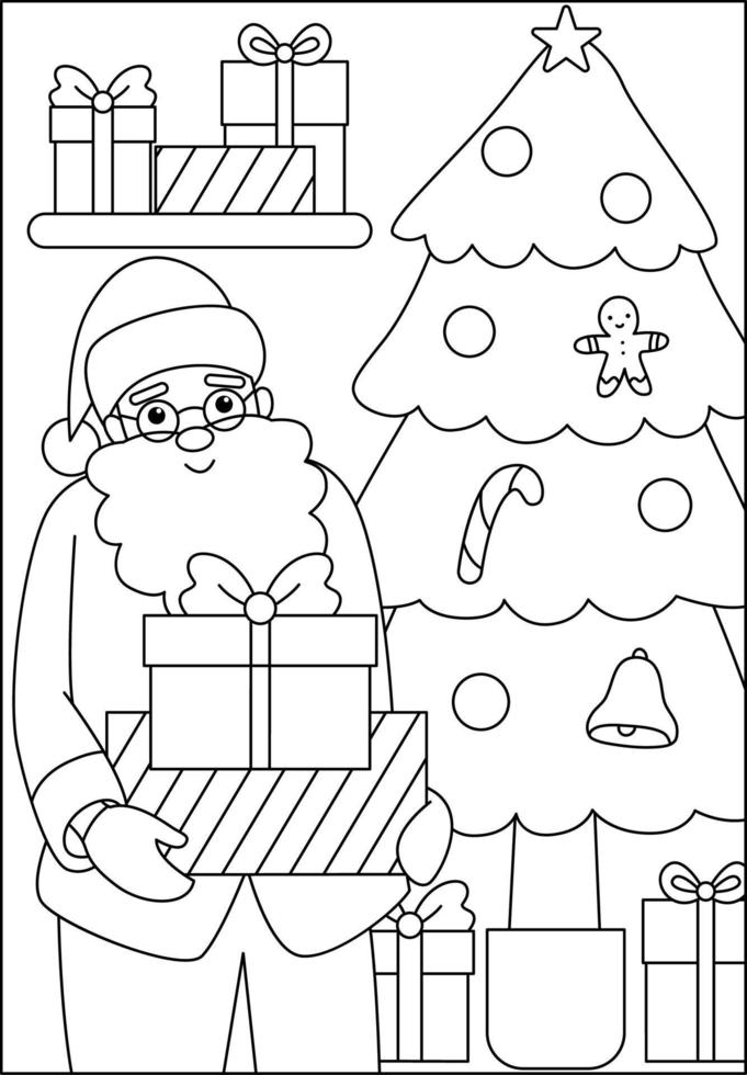 christmas santa holding present coloring page for kid vector