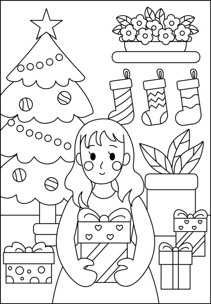 Linda chica sosteniendo la página para colorear de Navidad presente para niños vector