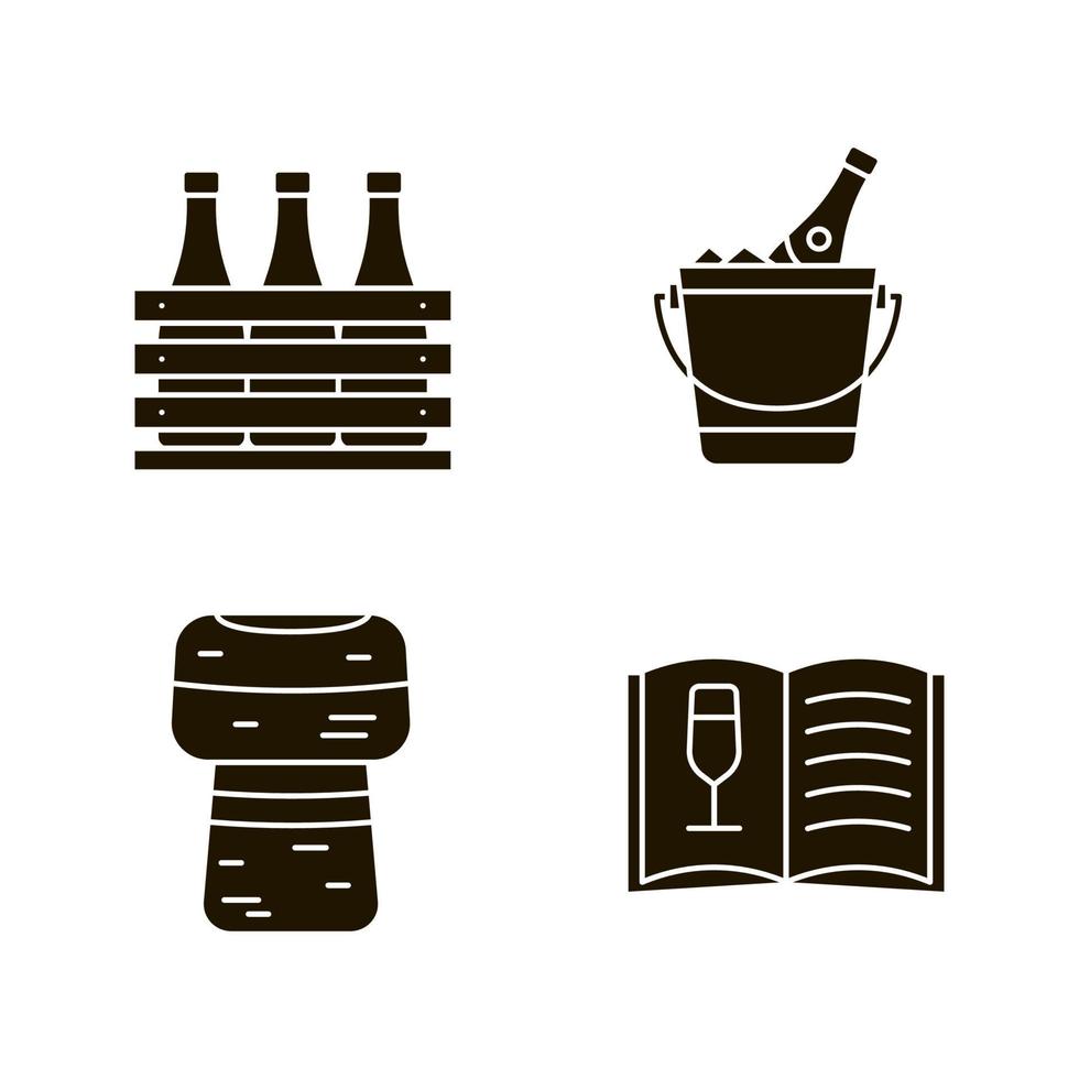 Alcohol glyph icons set. Bar. Wine. Beer case, champagne bucket, cork, wine menu. Silhouette symbols. Vector isolated illustration