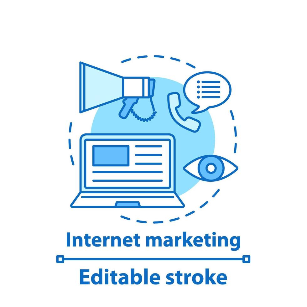 Internet marketing concept icon. Online advertising idea thin line illustration. SMM. Social media marketing. Vector isolated outline drawing. Editable stroke