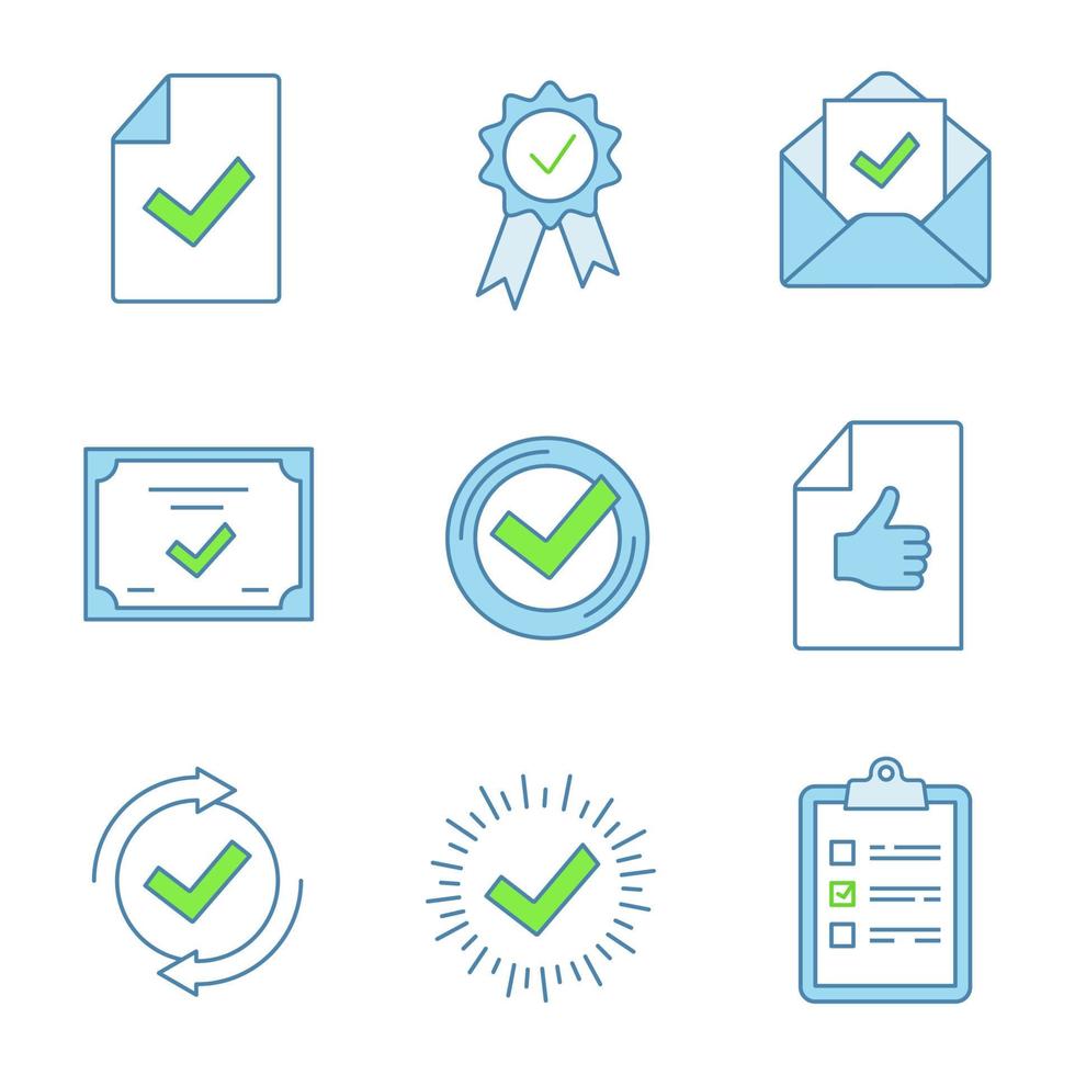 Approve color icons set. Document verification, award medal, email confirmation, certificate, check mark, review, checking process, quality badge, task planning. Isolated vector illustrations