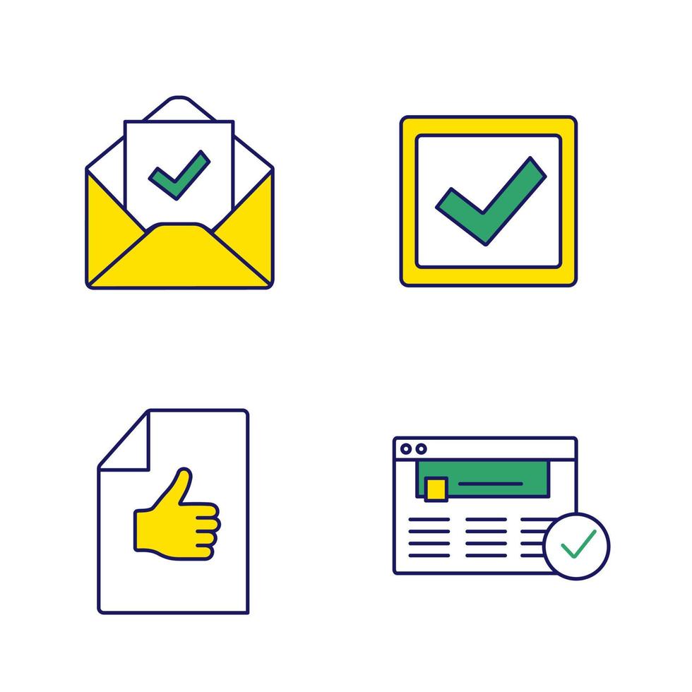 Approve color icons set. Verification and validation. Email confirmation, checkbox, approval document, approved website. Isolated vector illustrations