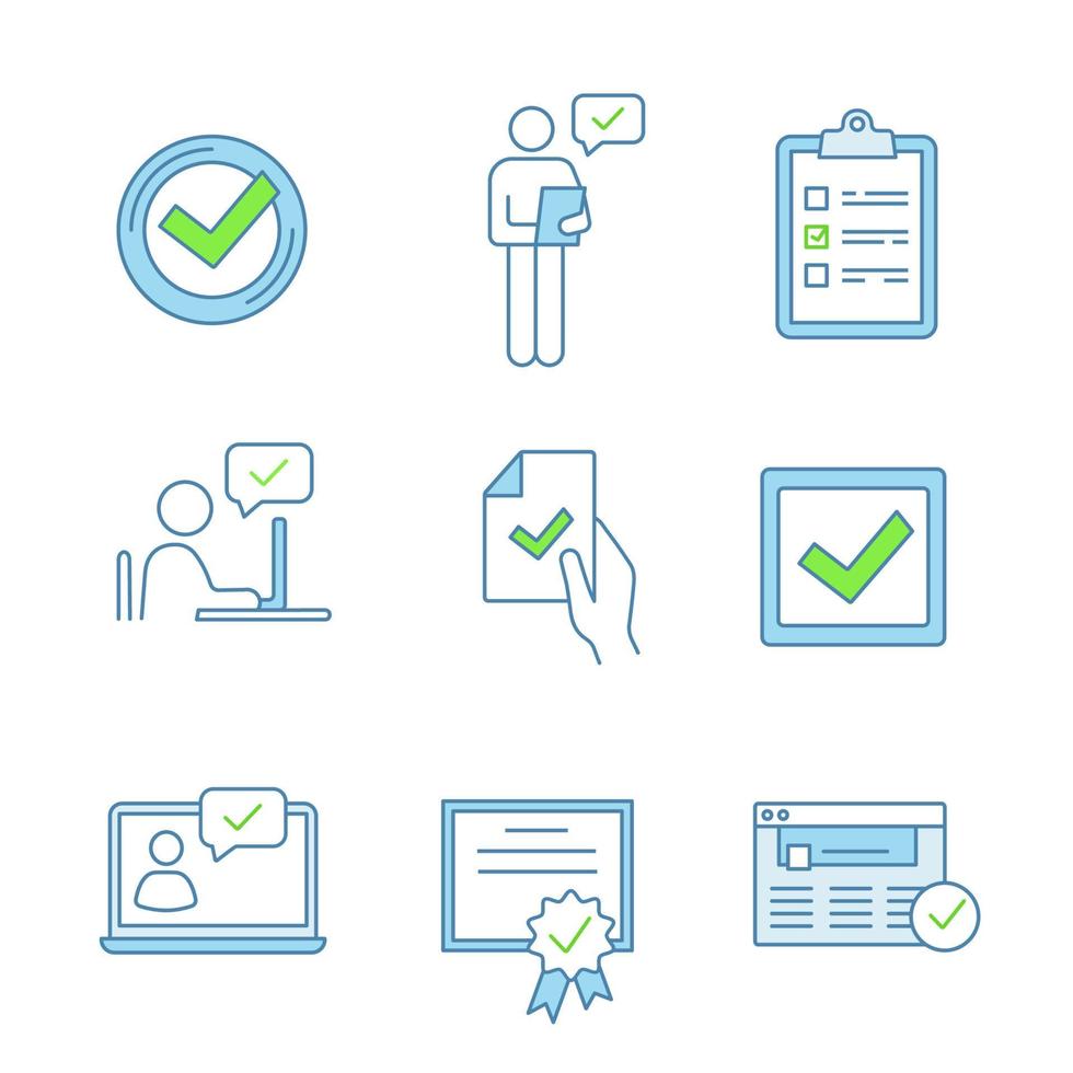 Approve color icons set. Check mark, manager, checklist, approved chat, contract signing, checkbox, certificate, browser verification, chatbot. Isolated vector illustrations