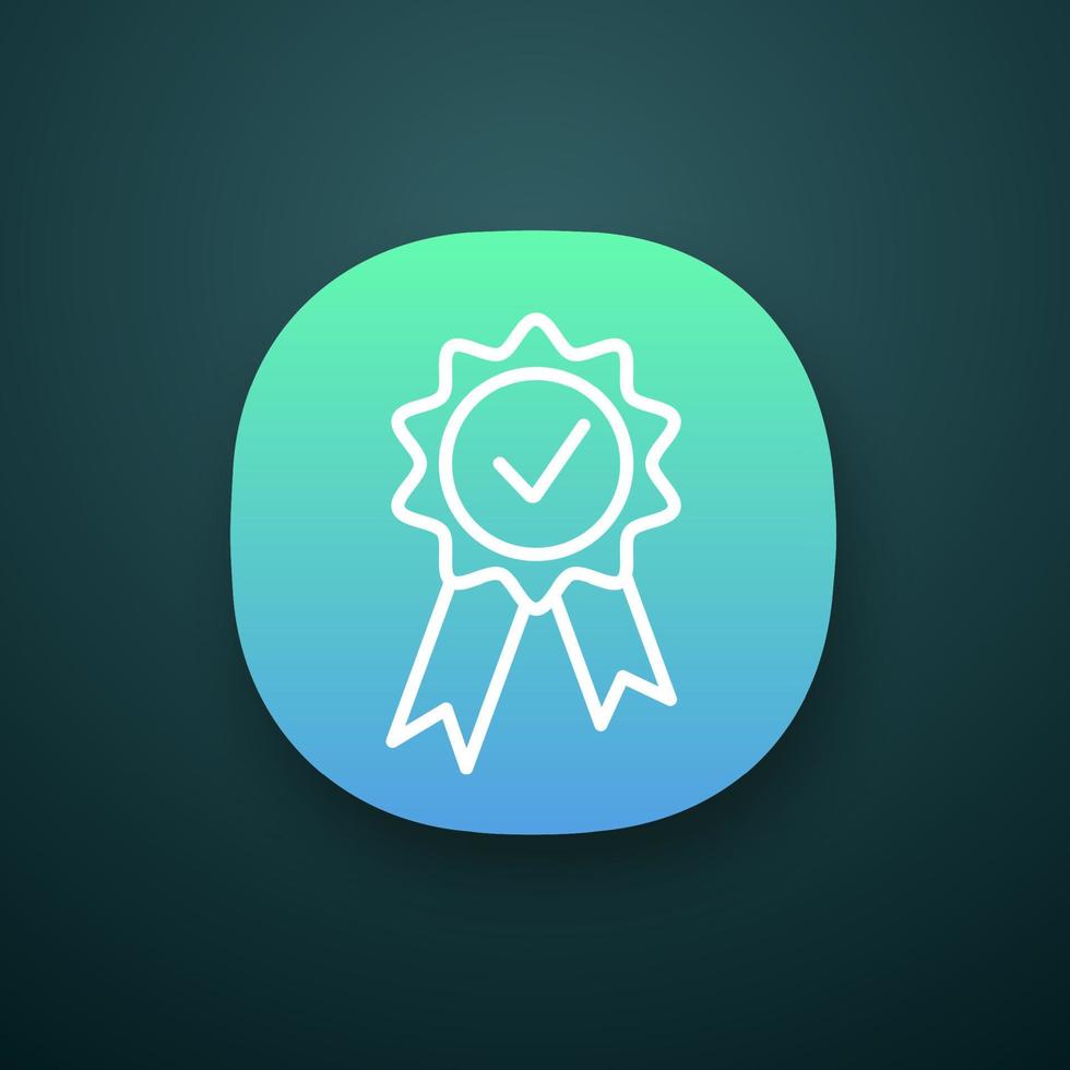 Award medal app icon. Reward. Best choice medal. UI UX user interface. Web or mobile application. Certified. Seal with ribbon and check mark. Quality badge. Vector isolated illustration