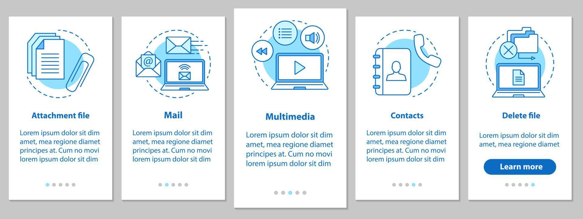 Digital software onboarding mobile app page screen with linear concepts. Attachment file, mail, multimedia, contacts, file deleting steps graphic instructions. UX, UI, GUI vector illustrations