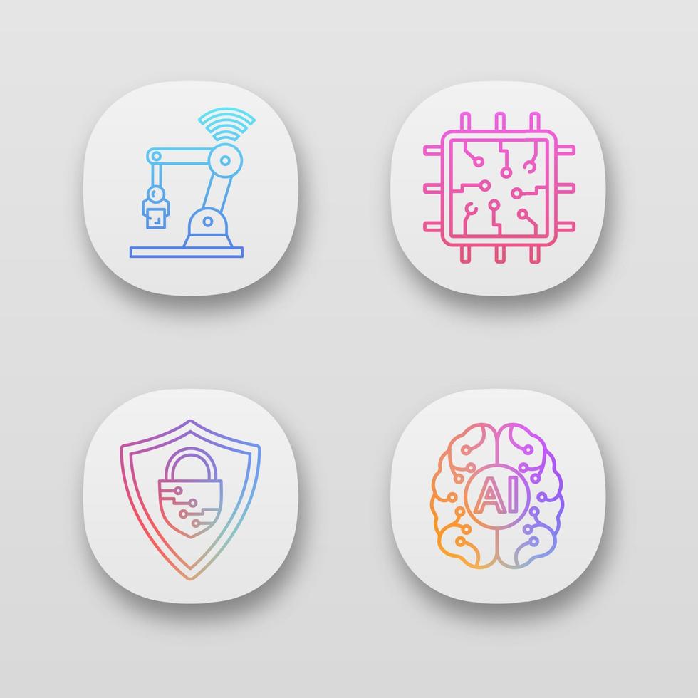 Artificial intelligence app icons set. UI UX user interface. AI. IoT robot, chip, cybersecurity, digital brain. Web or mobile applications. Vector isolated illustrations