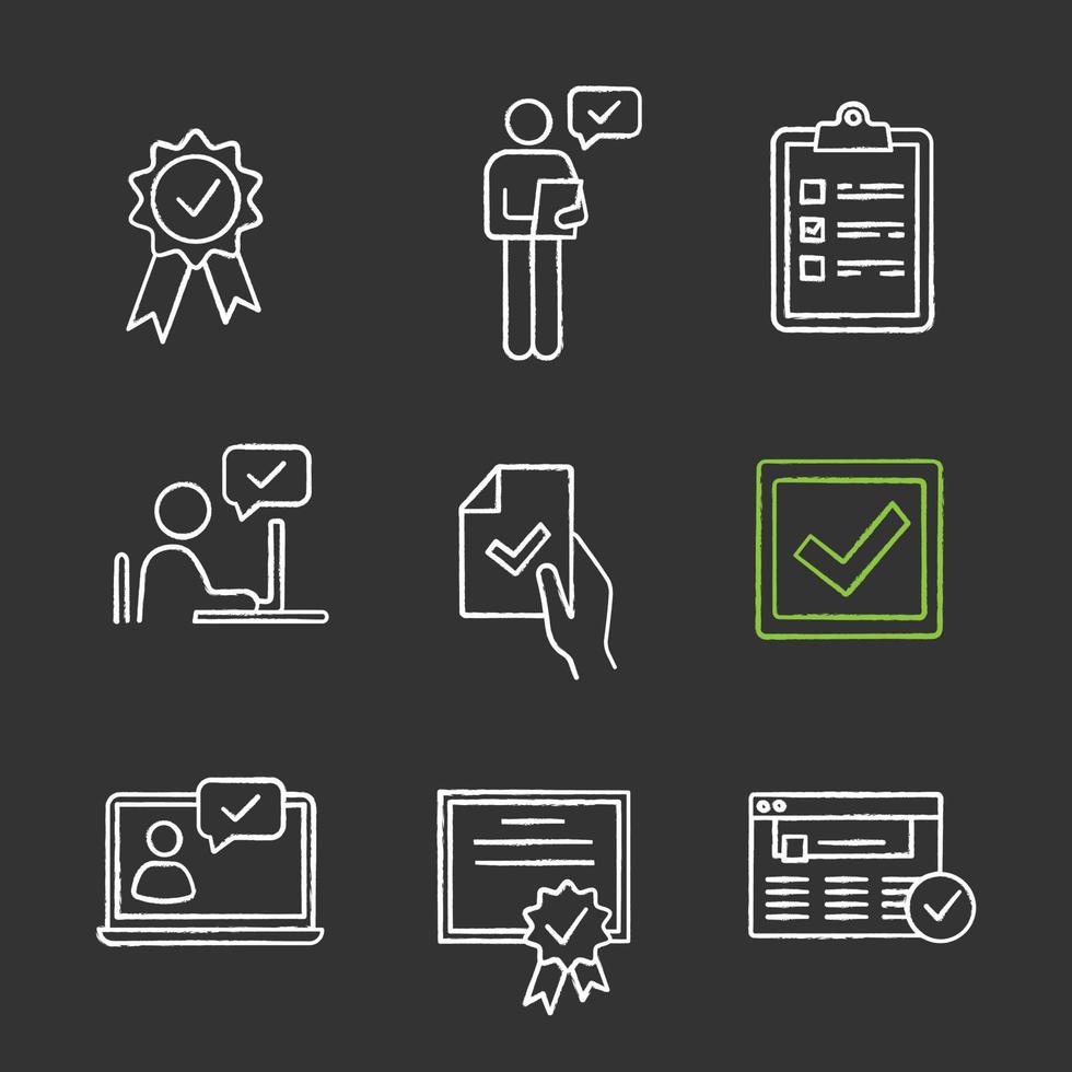 Approve chalk icons set. Award medal, manager, checklist, approved chat, contract signing, checkbox, certificate, browser verification, chatbot. Isolated vector chalkboard illustrations