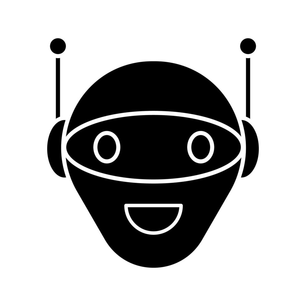 Chatbot glyph icon. Silhouette symbol. Talkbot. Modern robot. Android laughing chat bot. Virtual assistant. Conversational agent. Negative space. Vector isolated illustration