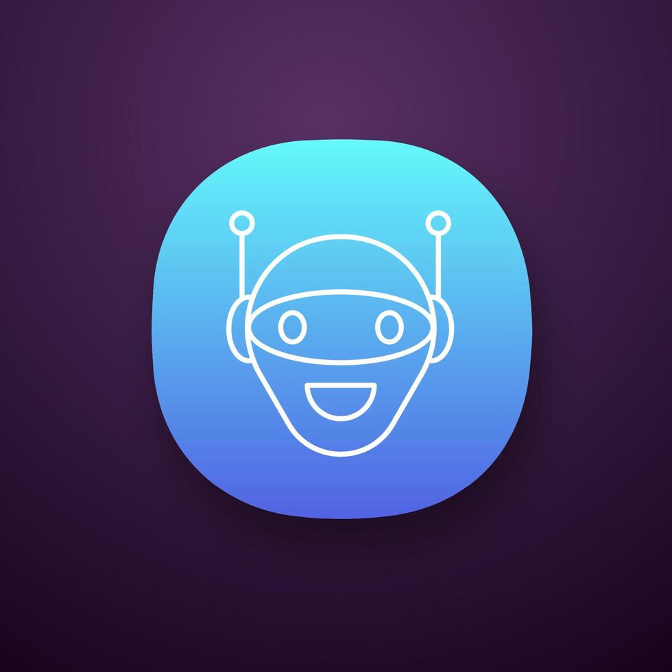 Chatbot app icon. UI UX user interface. Talkbot. Modern robot. Android laughing chat bot. Virtual assistant. Conversational agent. Web or mobile application. Vector isolated illustration