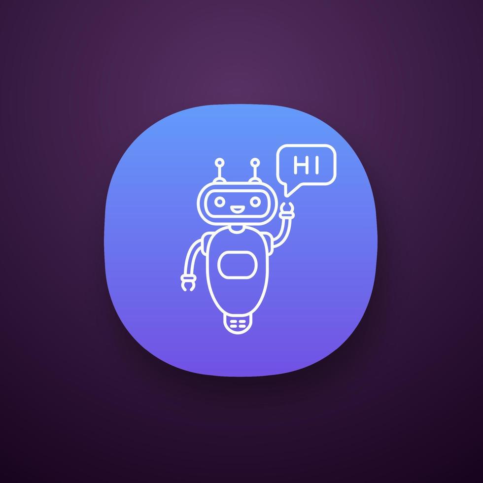 Chatbot saying hi app icon. UI UX user interface. Talkbot greeting user. Virtual assistant. Online helper. Modern robot. Web or mobile application. Vector isolated illustration