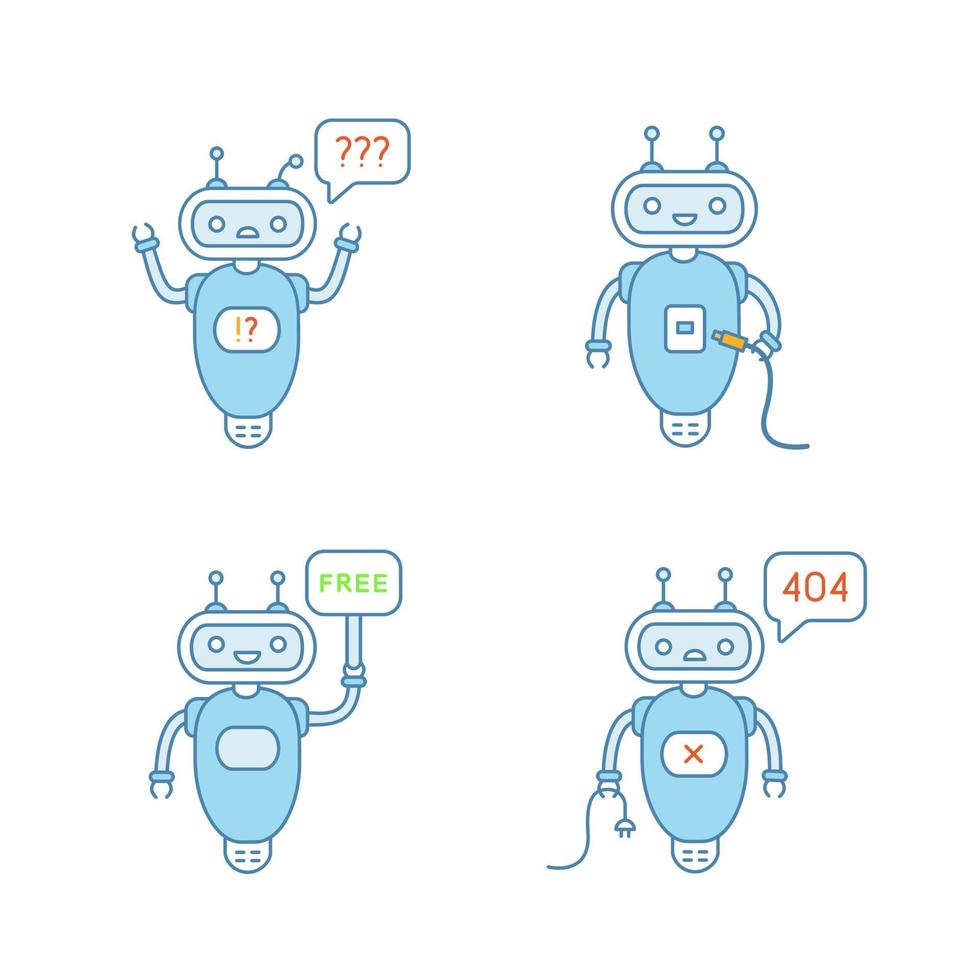 Chatbots color icons set. Talkbots. Virtual assistants. Free, USB, question, not found chat bots. Modern robots. Isolated vector illustrations