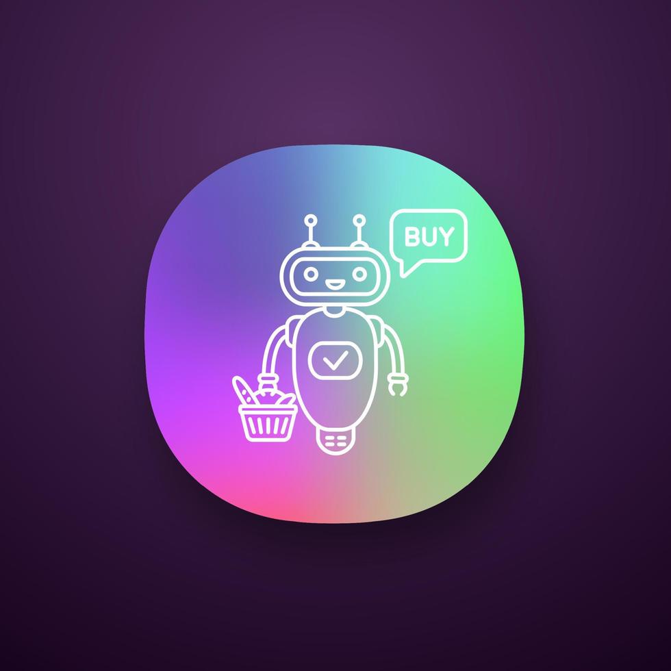 Online customer service chatbot app icon. UI UX user interface. Talkbot with grocery basket says buy. Modern robot. Virtual shopping assistant. Web or mobile application. Vector isolated illustration