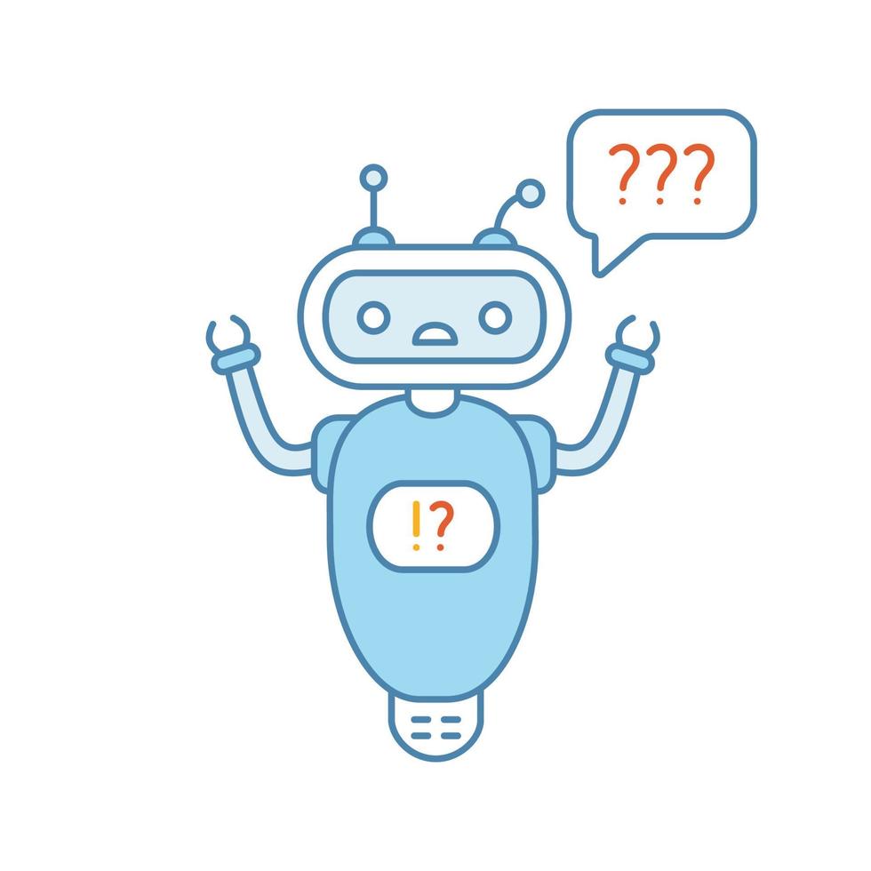 Help chatbot color icon. FAQ chat bot. Bewildered robot with question marks in speech bubble. Isolated vector illustration