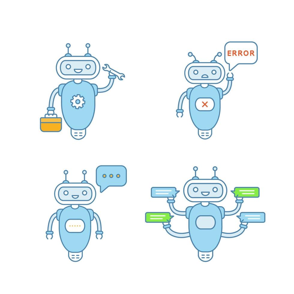 Chatbots color icons set. Talkbots. Virtual assistants. Support service, typing, error, repair chat bots. Modern robots. Isolated vector illustrations