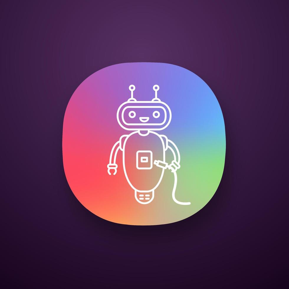 Chatbot with USB cable app icon. UI UX user interface. Talkbot with USB slot plugs to cable. Modern robot. Virtual assistant. Online helper. Web or mobile application. Vector isolated illustration