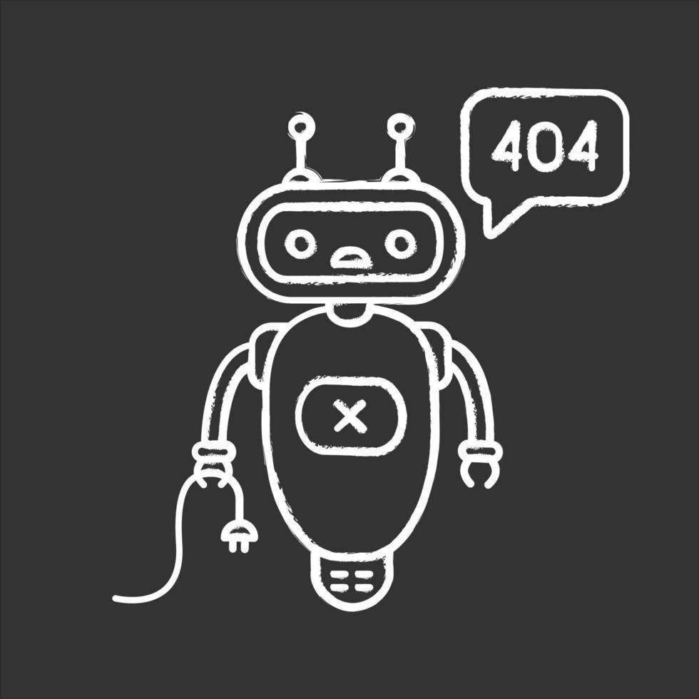 Not found error chatbot chalk icon. Talkbot with error 404 in chat box. Website error page online assistant. Modern robot. Isolated vector chalkboard illustration