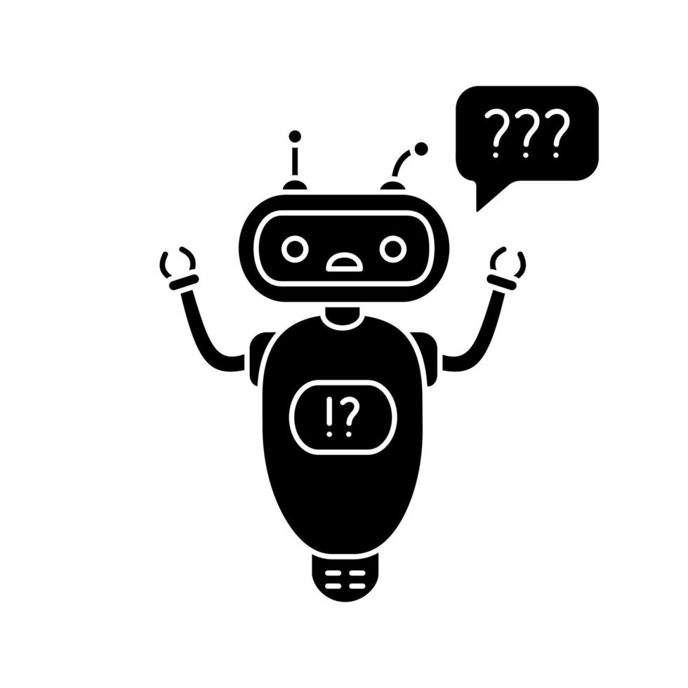 Help chatbot glyph icon. Silhouette symbol. FAQ chat bot. Bewildered robot with question marks in speech bubble. Negative space. Vector isolated illustration