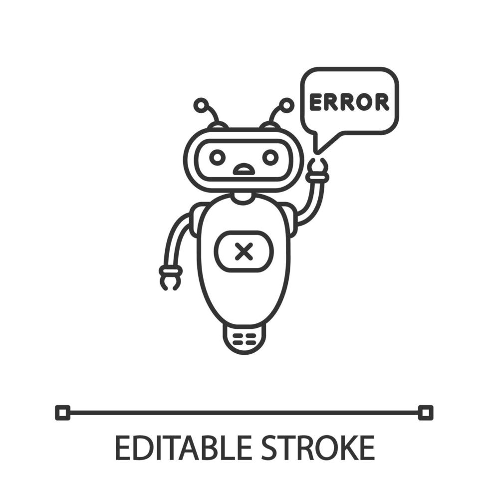 Error chatbot linear icon. Thin line illustration. Talkbot with error in chat bubble. Online support. Virtual assistant. Modern robot. Contour symbol. Vector isolated outline drawing. Editable stroke