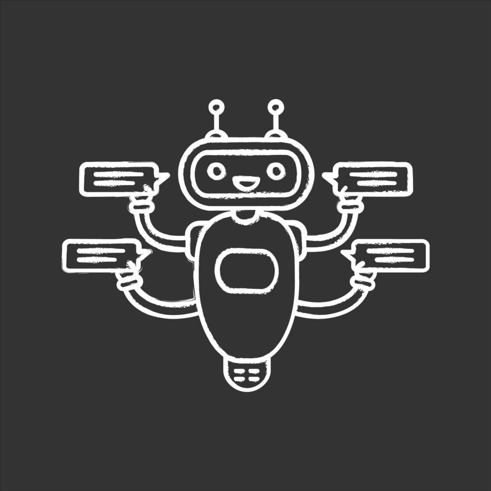 chatbot con cuatro burbujas de discurso icono de tiza. talkbot charlando con varios usuarios. servicio de atención al cliente. robot moderno. ilustración de pizarra de vector aislado