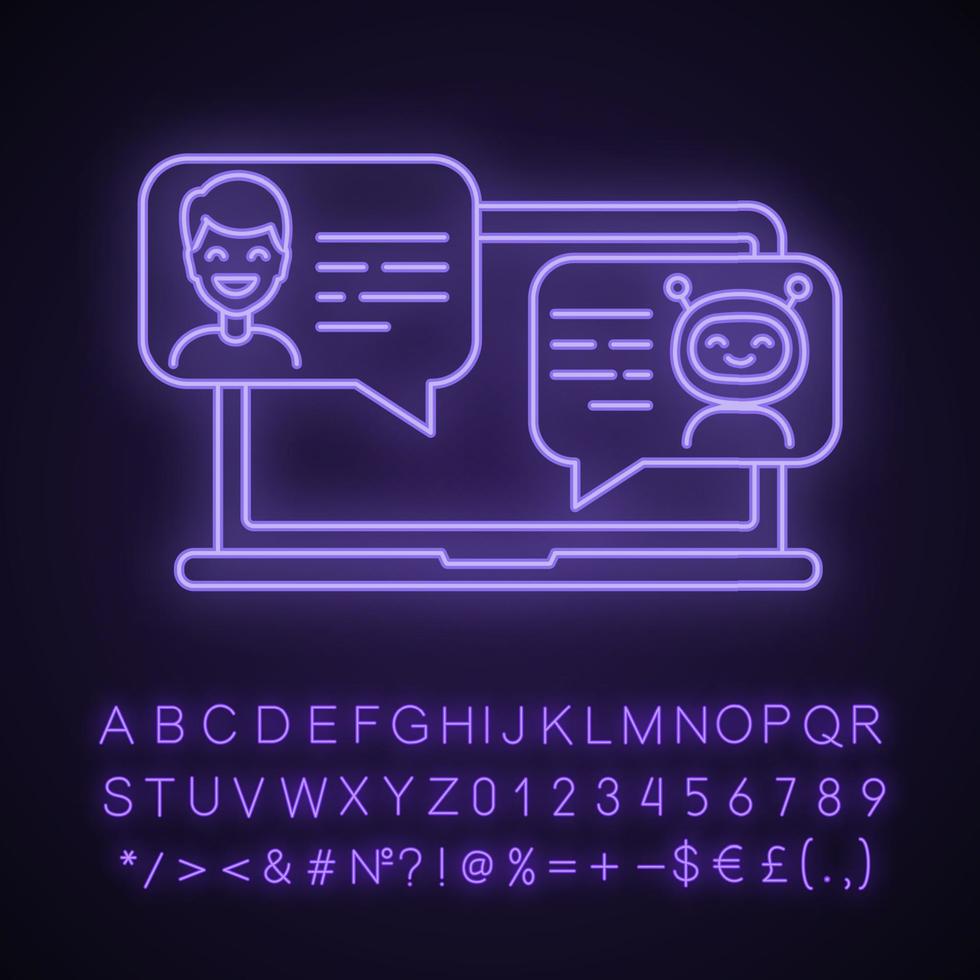 Apoyar el icono de luz de neón de chatbot. bot de mensajería. asistente virtual. robot moderno. hombre charlando con bot en la computadora portátil. signo brillante con alfabeto, números y símbolos. vector ilustración aislada