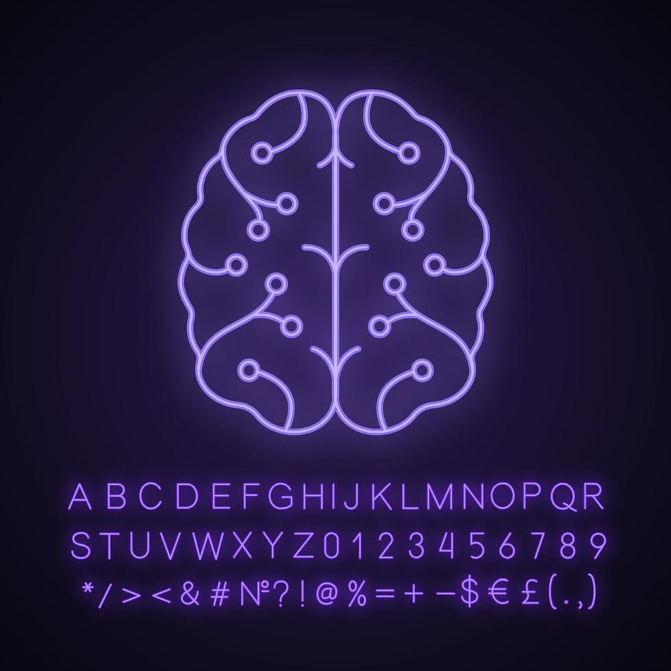 AI neon light icon. Digital brain. Artificial intelligence. Neurotechnology. Neural network. Machine learning. Glowing sign with alphabet, numbers and symbols. Vector isolated illustration