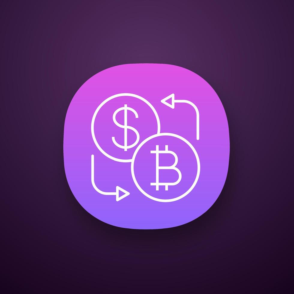Bitcoin and dollar currency exchange app icon. UI UX user interface. Cryptocurrency. Web or mobile application. Refund. Vector isolated illustration